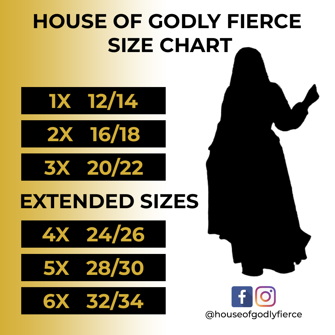 House of Godly Fierce Size Chart - 1X to 6X Extended Sizes